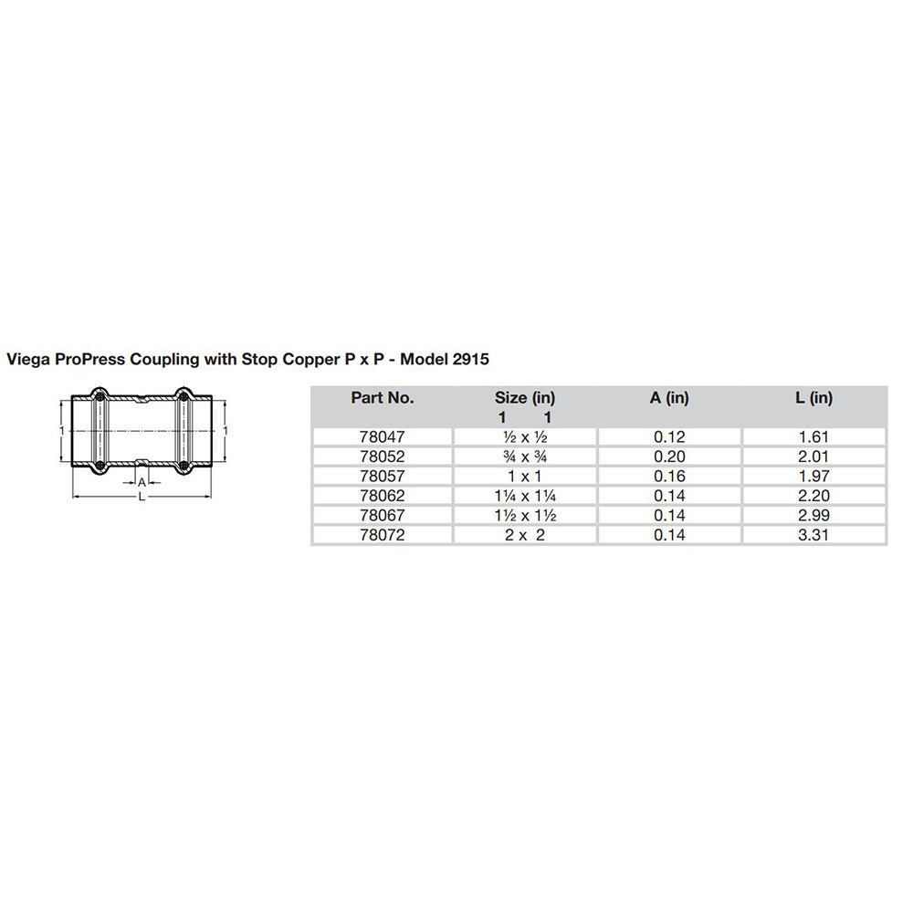 Viega ProPress 114 Copper Coupling wStop Double Press Connection Smart Connect Technology 78062