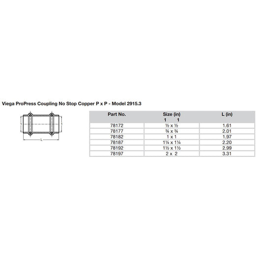 Viega ProPress 1 Copper Coupling wo Stop Double Press Connection Smart Connect Technology 78182