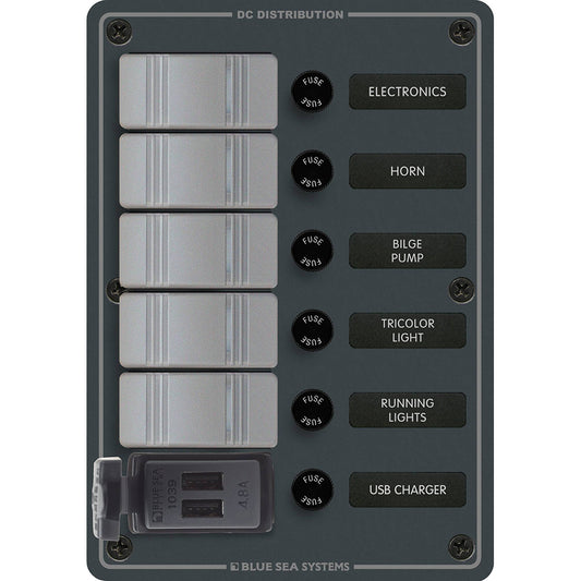 Blue Sea 8121  5 Position Contura Switch Panel wDual USB Chargers  1224V DC  Black 8121